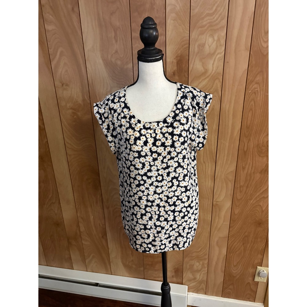 Ann Taylor Factory Navy Daisy Floral Print Cap Sleeve Blouse Top Medium